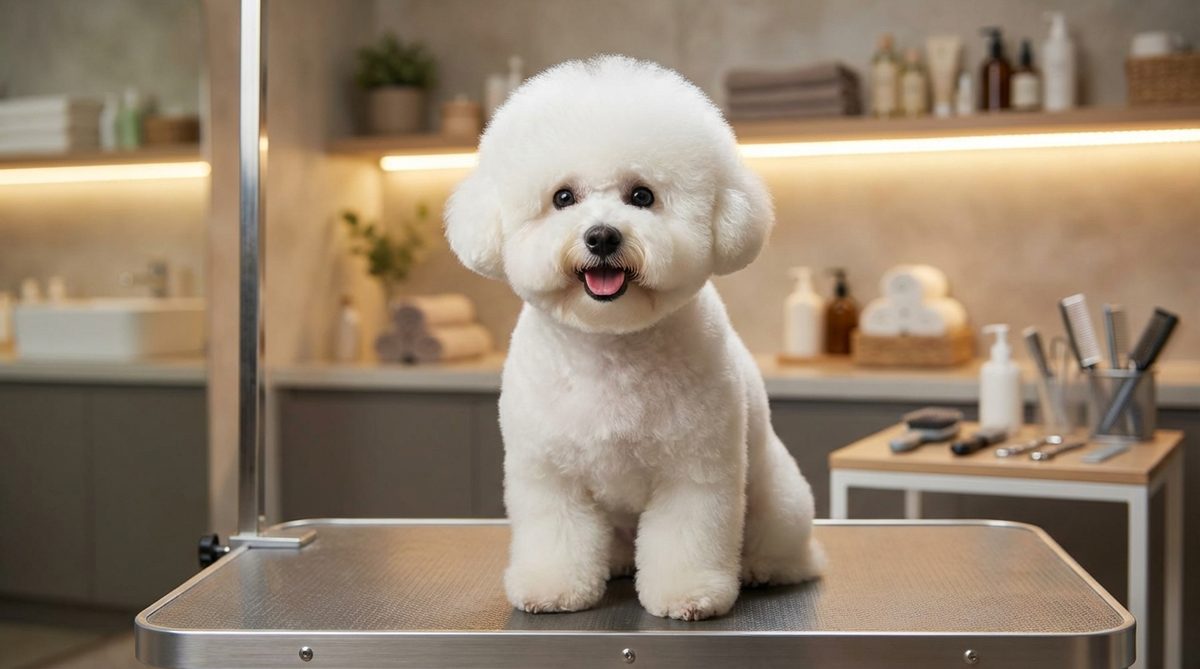 Perfectly groomed fluffy white Bichon Frise on a professional grooming table