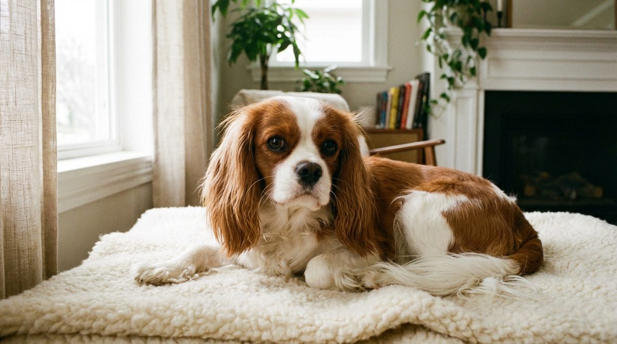Cavalier King Charles Spaniel with Blenheim coat lying on a soft blanket