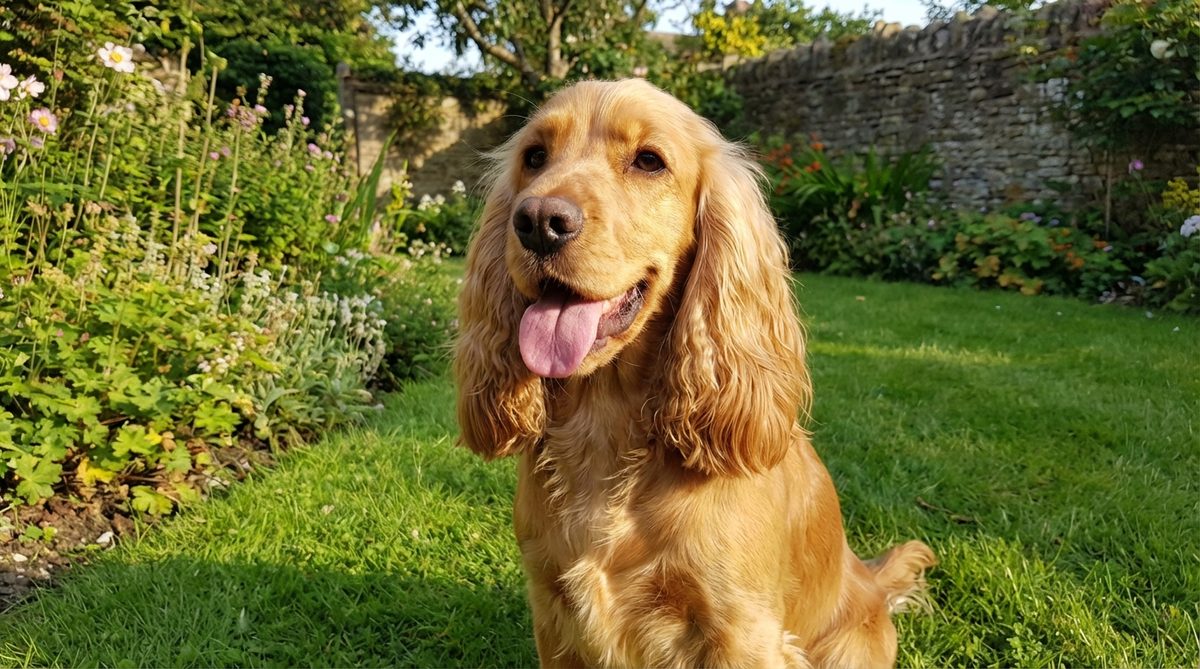 Happy golden Cocker Spaniel sitting in a sunny garden