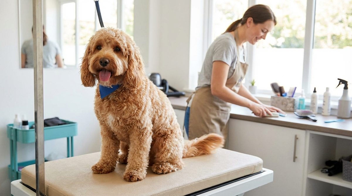 Cute apricot Cockapoo sitting happily in a grooming salon after a fresh groom