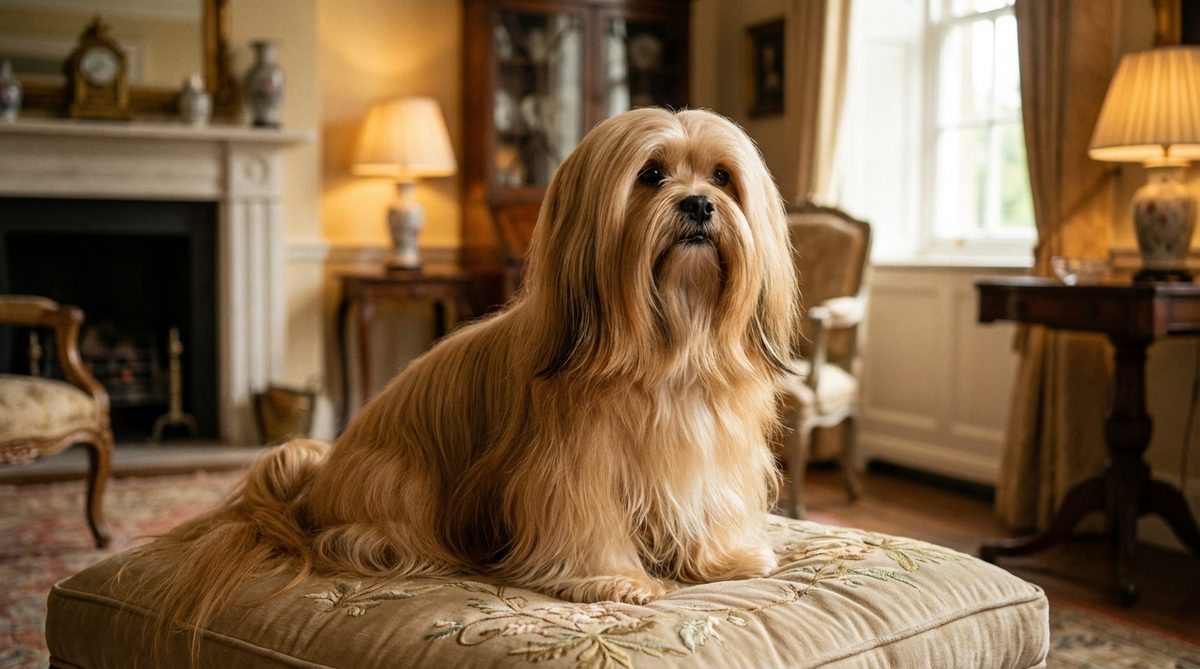 Beautiful Lhasa Apso with long flowing honey-gold coat sitting on a cushion