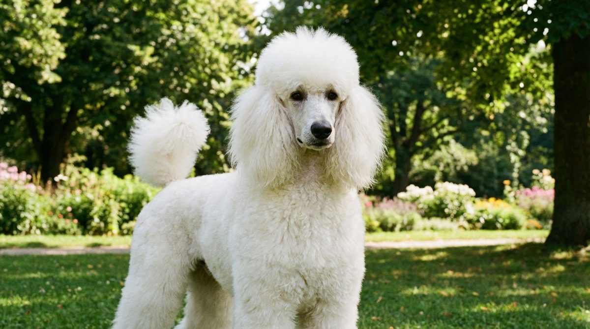Elegant white Standard Poodle with a classic continental clip standing in a park