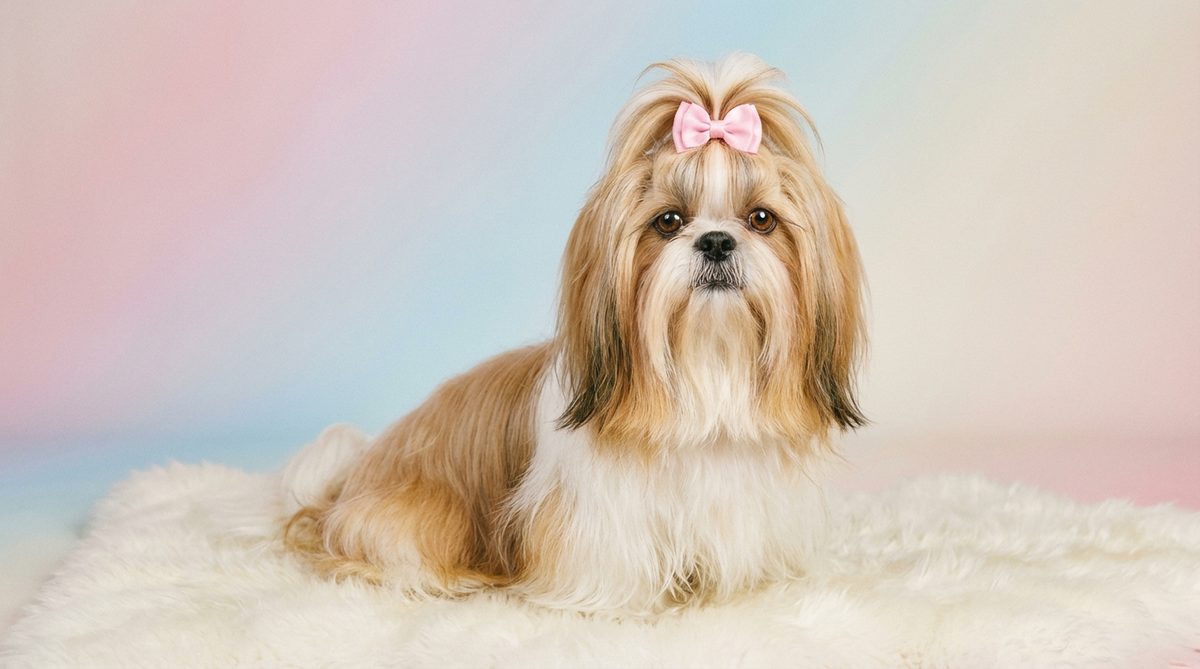 Beautifully groomed Shih Tzu with a decorative bow in its hair