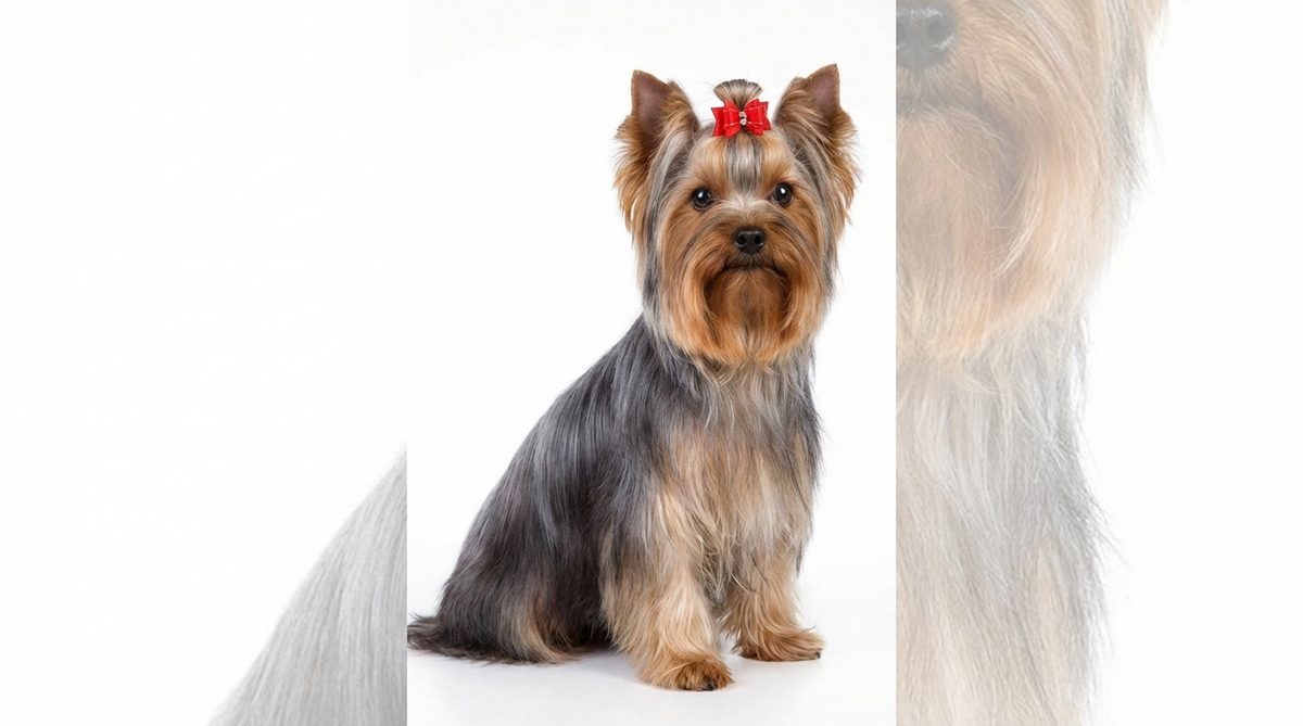 Beautifully groomed Yorkshire Terrier with silky steel-blue and tan coat